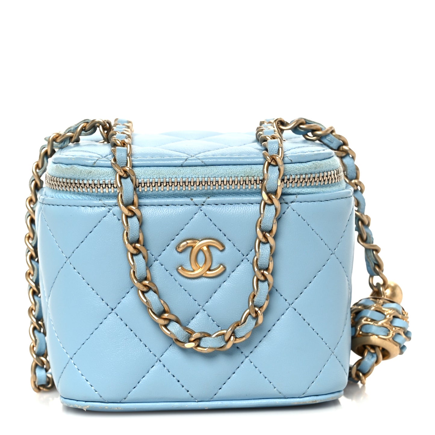 Lambskin Quilted Pearl Crush Mini Vanity Case With Chain Light Blue