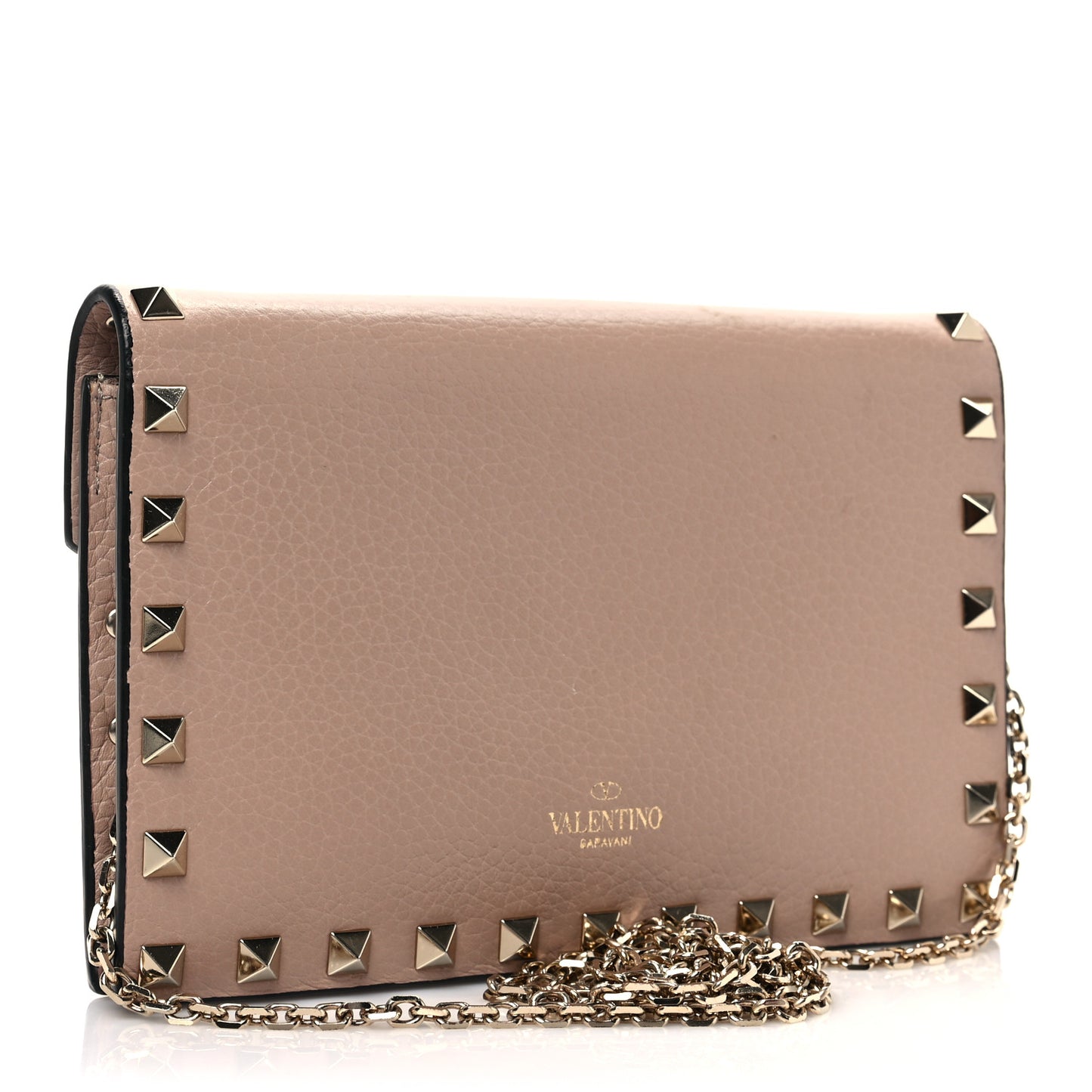 Pebbled Calfskin Rockstud Envelope Wallet on Chain Poudre