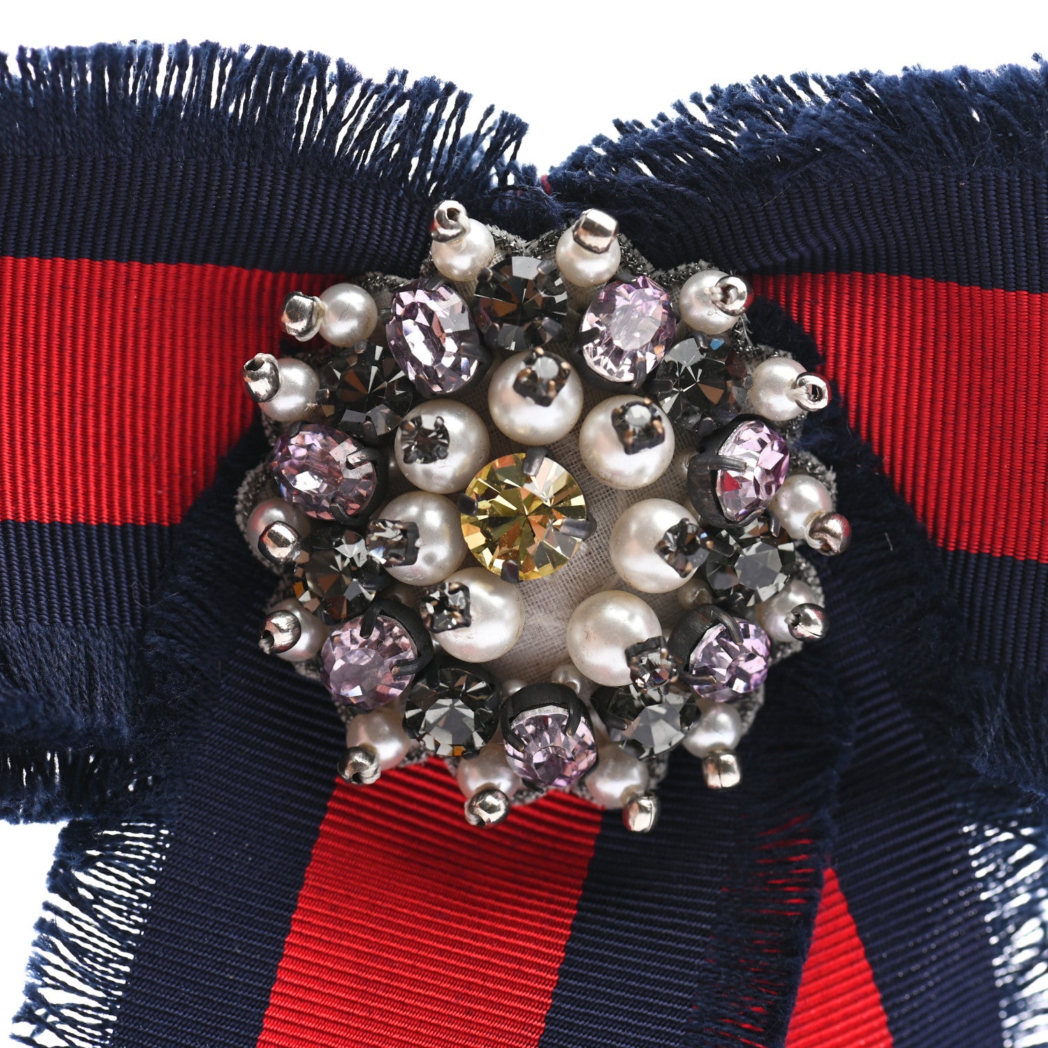 Gucci Grosgrain Web Crystal Bow Brooch Blue Red 933165 – FASHIONPHILE