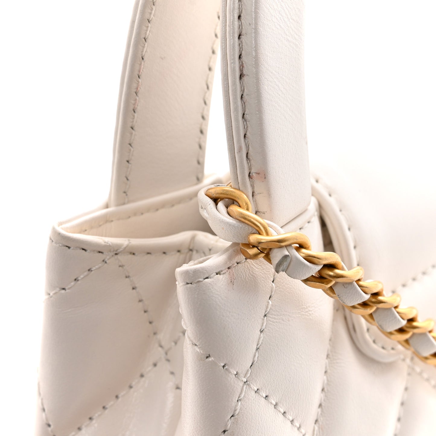Shiny Aged Calfskin Quilted Nano Kelly Shopper White