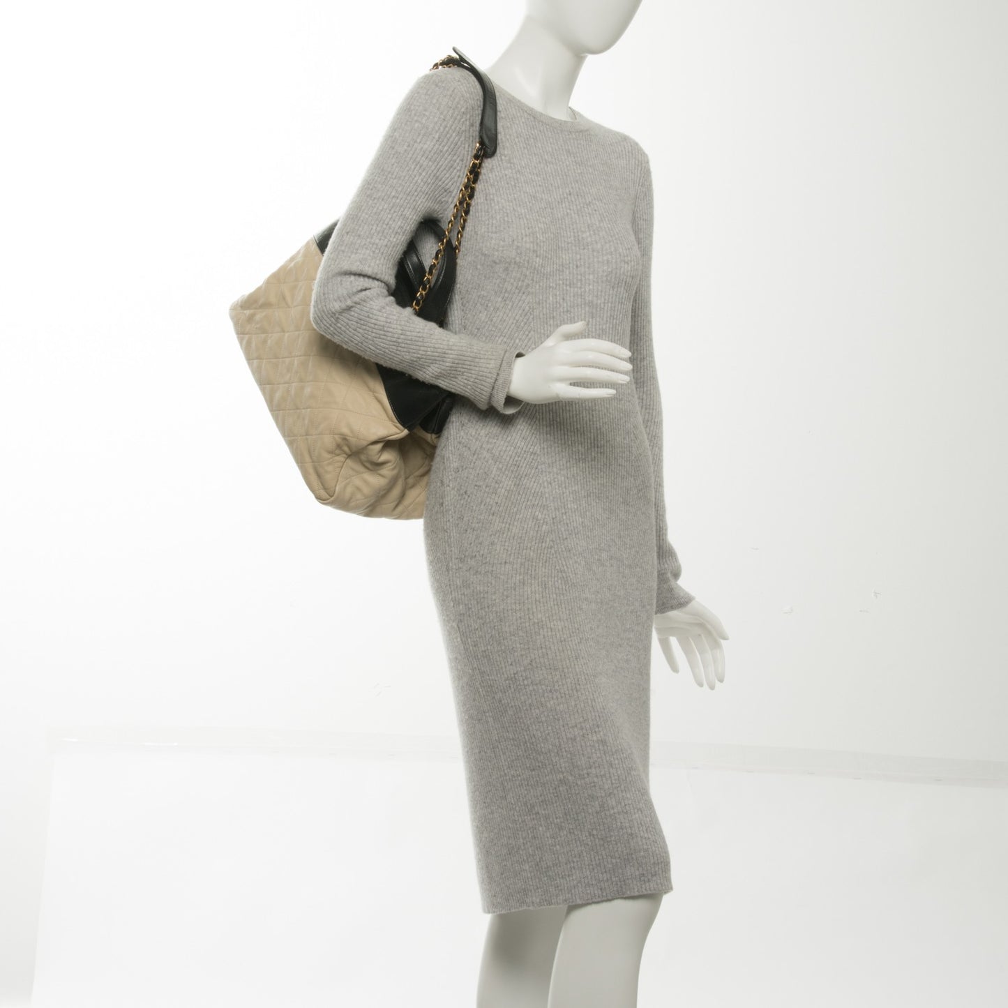 Calfskin Quilted In The Mix Shopping Tote Beige Black