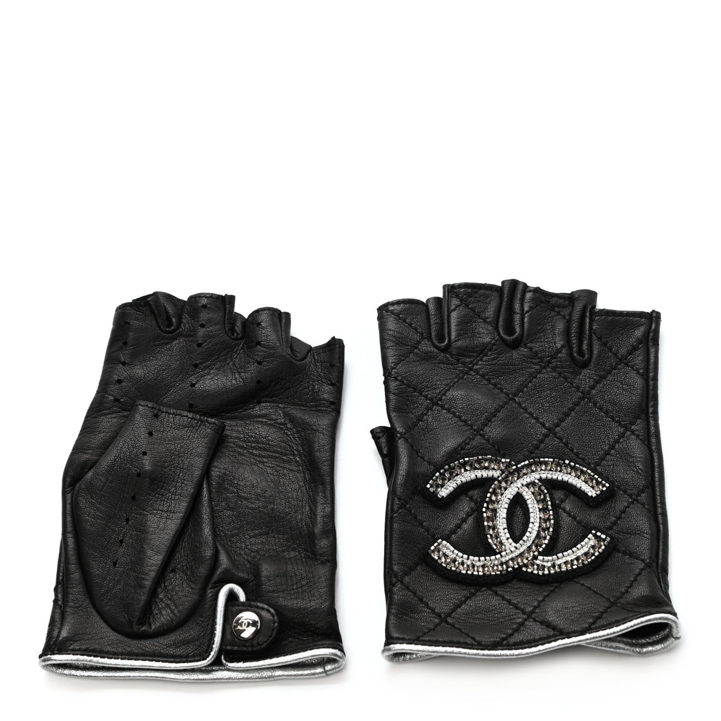 Lambskin Stitched Fingerless CC Embellished Gloves 7.5 Black