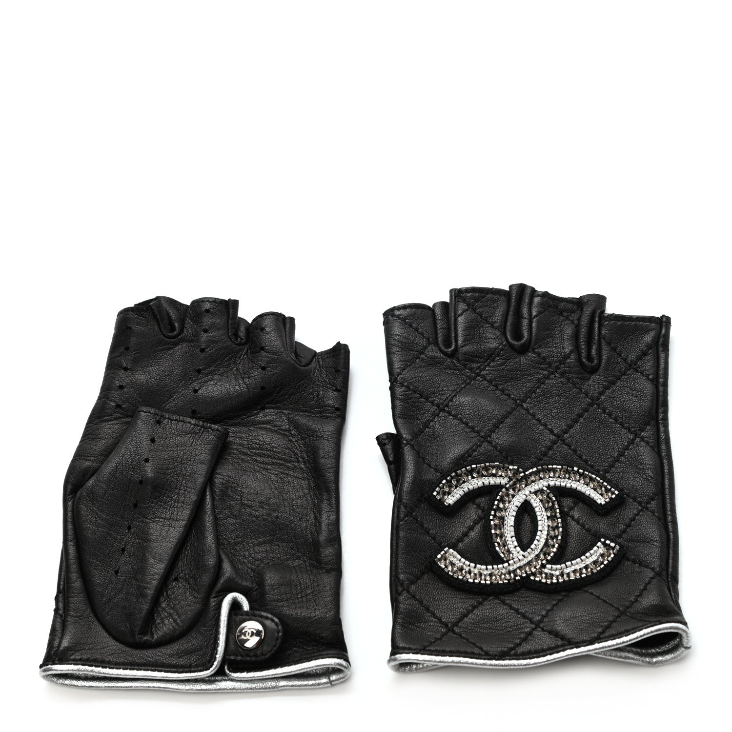 Chanel Lambskin Stitched Fingerless CC Embellished Gloves 7.5 Black 2 of 4