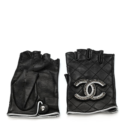 Chanel Lambskin Stitched Fingerless CC Embellished Gloves 7.5 Black 2 of 4