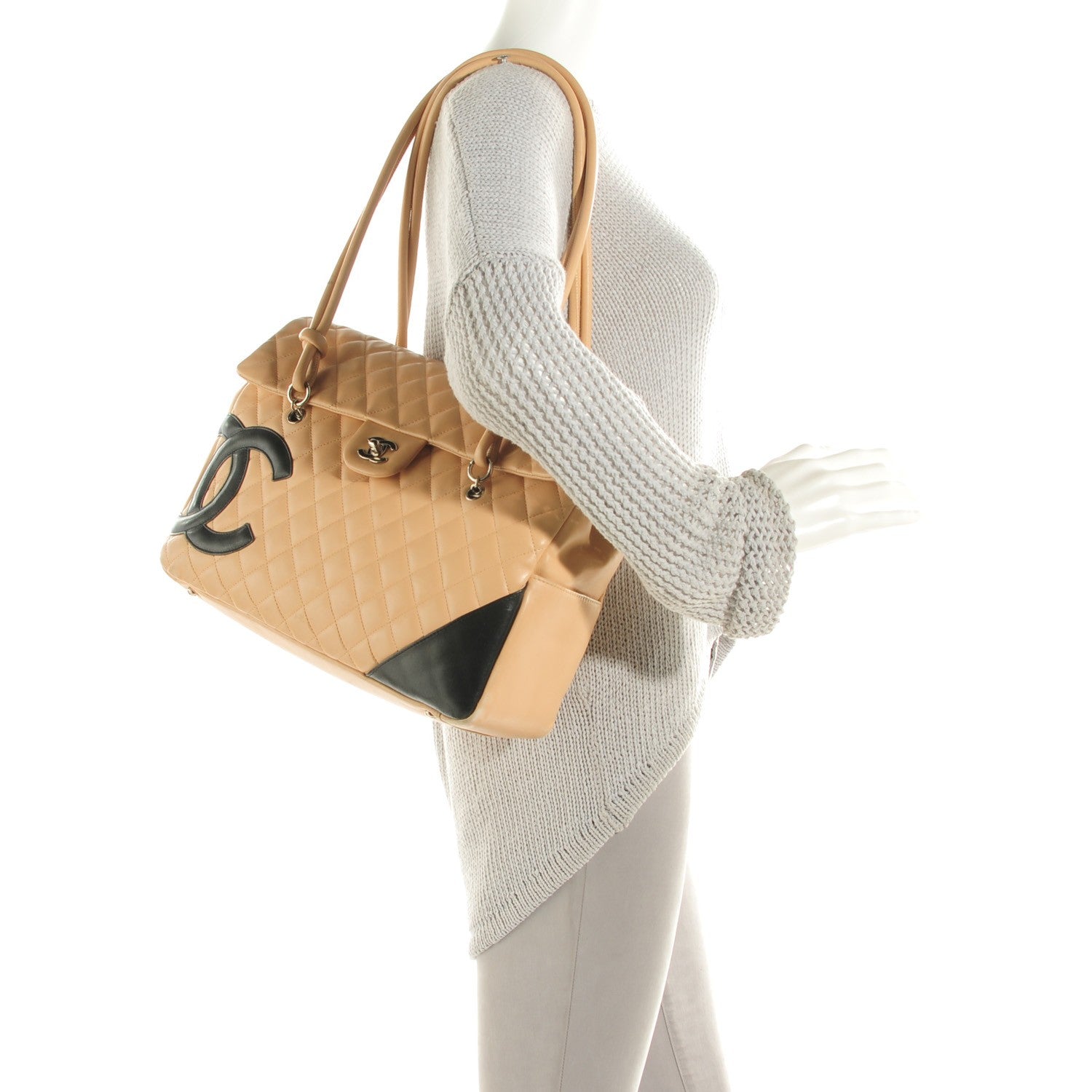 Chanel Calfskin Quilted Large Cambon Flap Beige Black 12 of 21