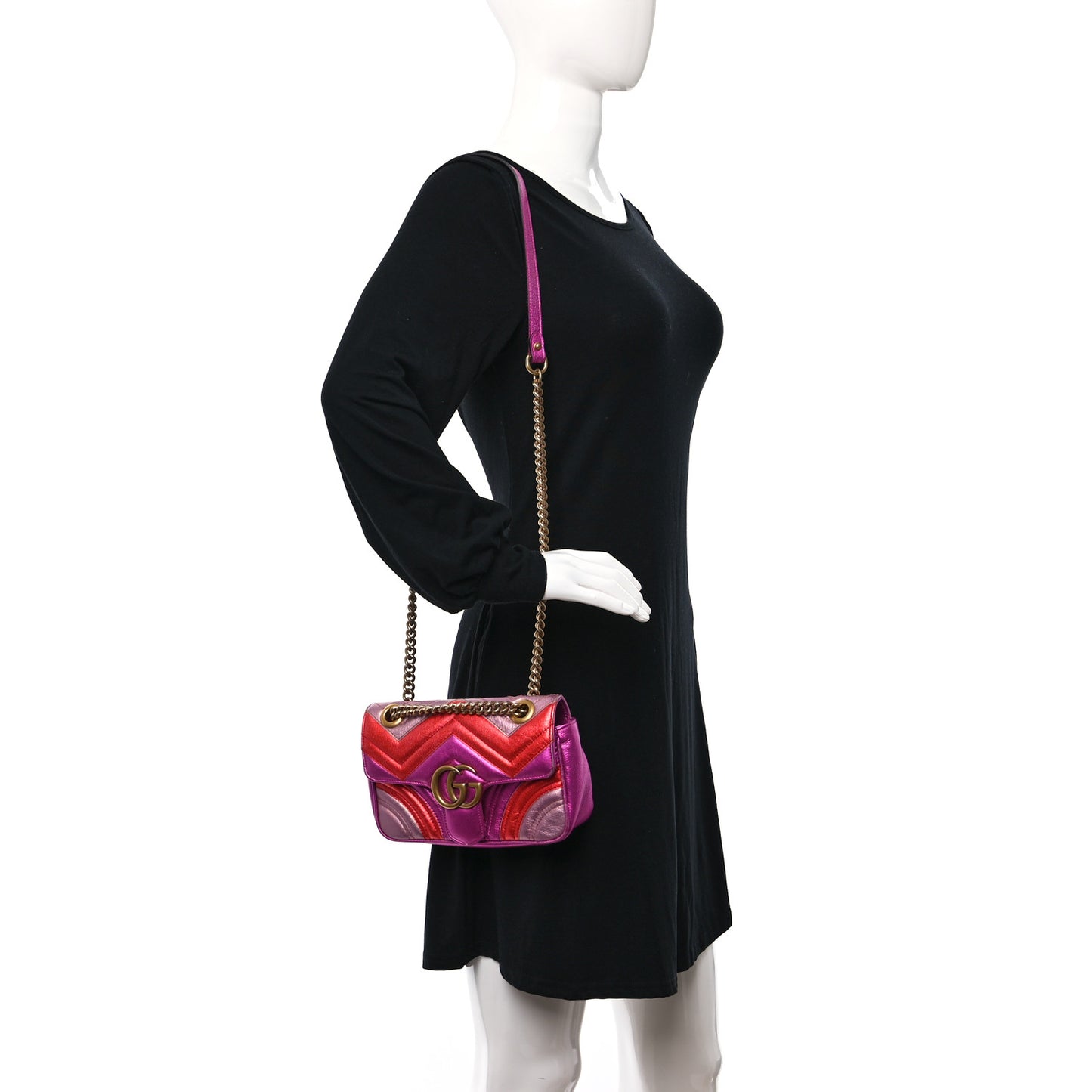 Metallic Calfskin Matelasse Mini GG Marmont Shoulder Bag Fuchsia