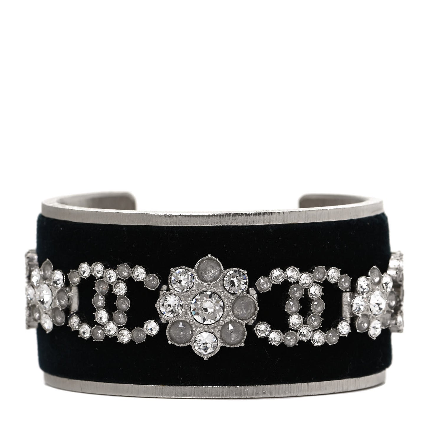 Metal Velvet Crystal CC Flower Cuff Bracelet Silver Black