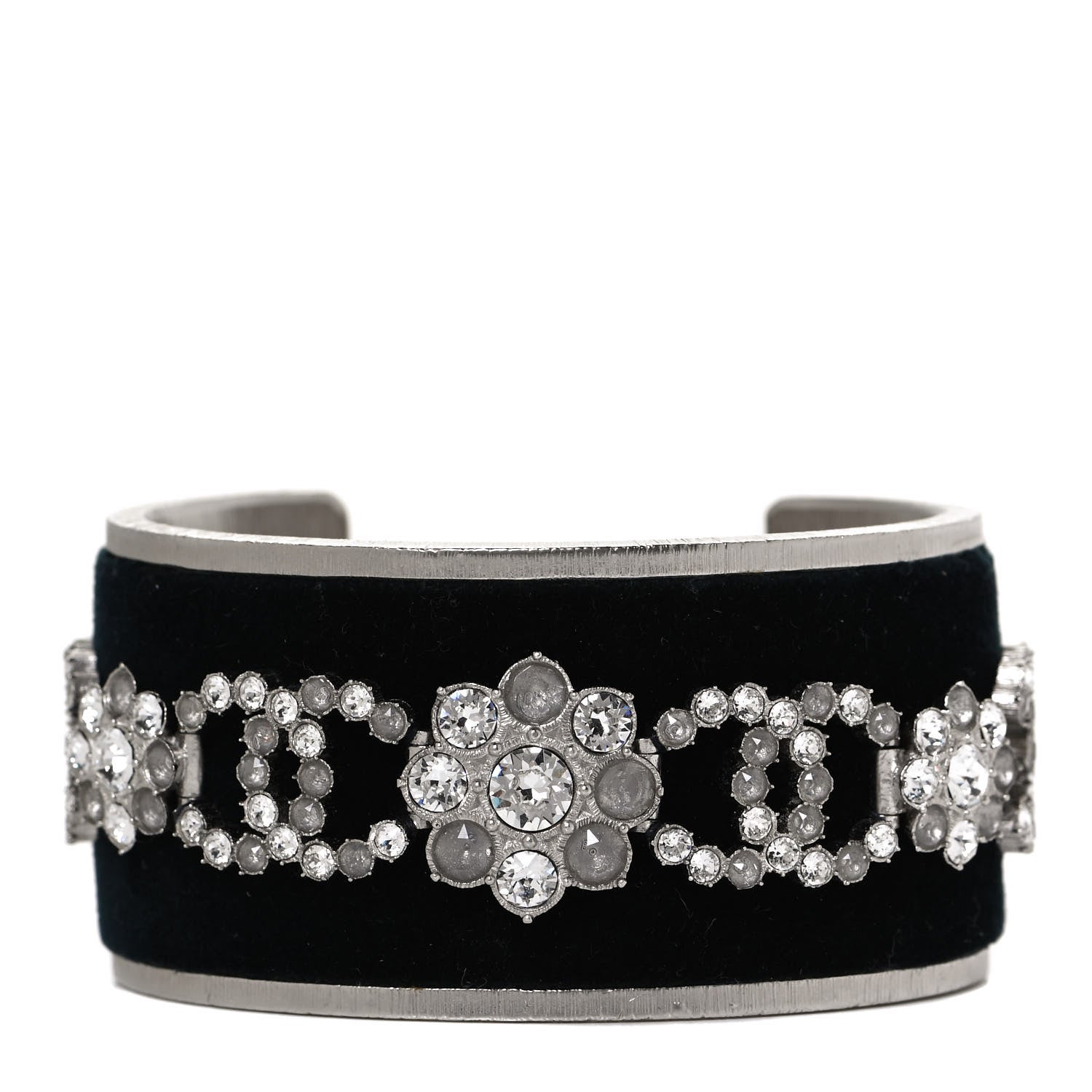 Chanel Metal Velvet Crystal CC Flower Cuff Bracelet Silver Black 1 of 6