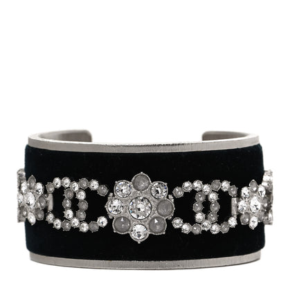 Chanel Metal Velvet Crystal CC Flower Cuff Bracelet Silver Black 1 of 6