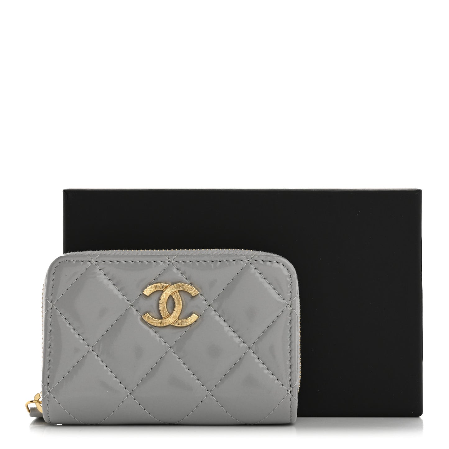 Shiny Lambskin Quilted Textured CC Zip Coin Purse Gris
