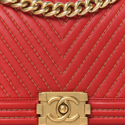 Chanel Lambskin Chevron Chain Stitched Medium Boy Flap Red 8 of 10