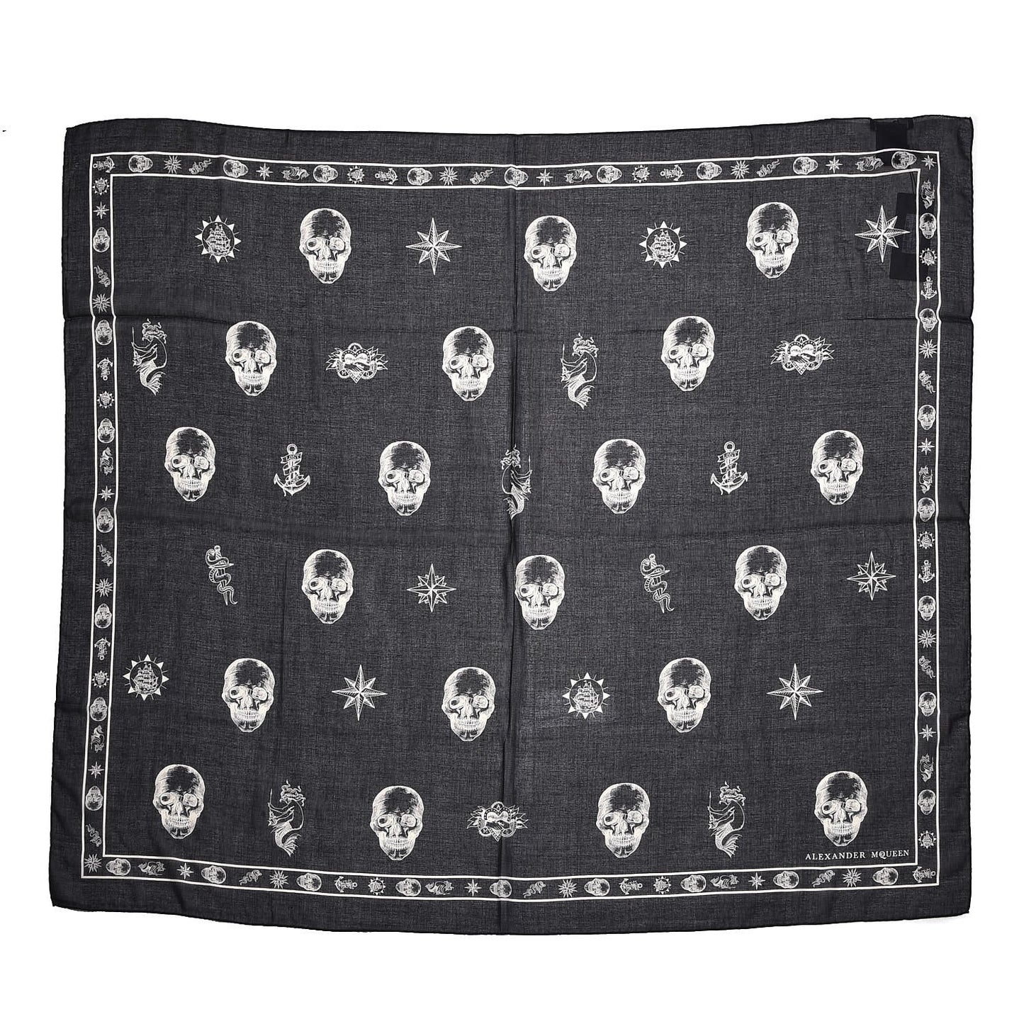 Silk Chiffon Skull Tattoo Scarf Black Ivory
