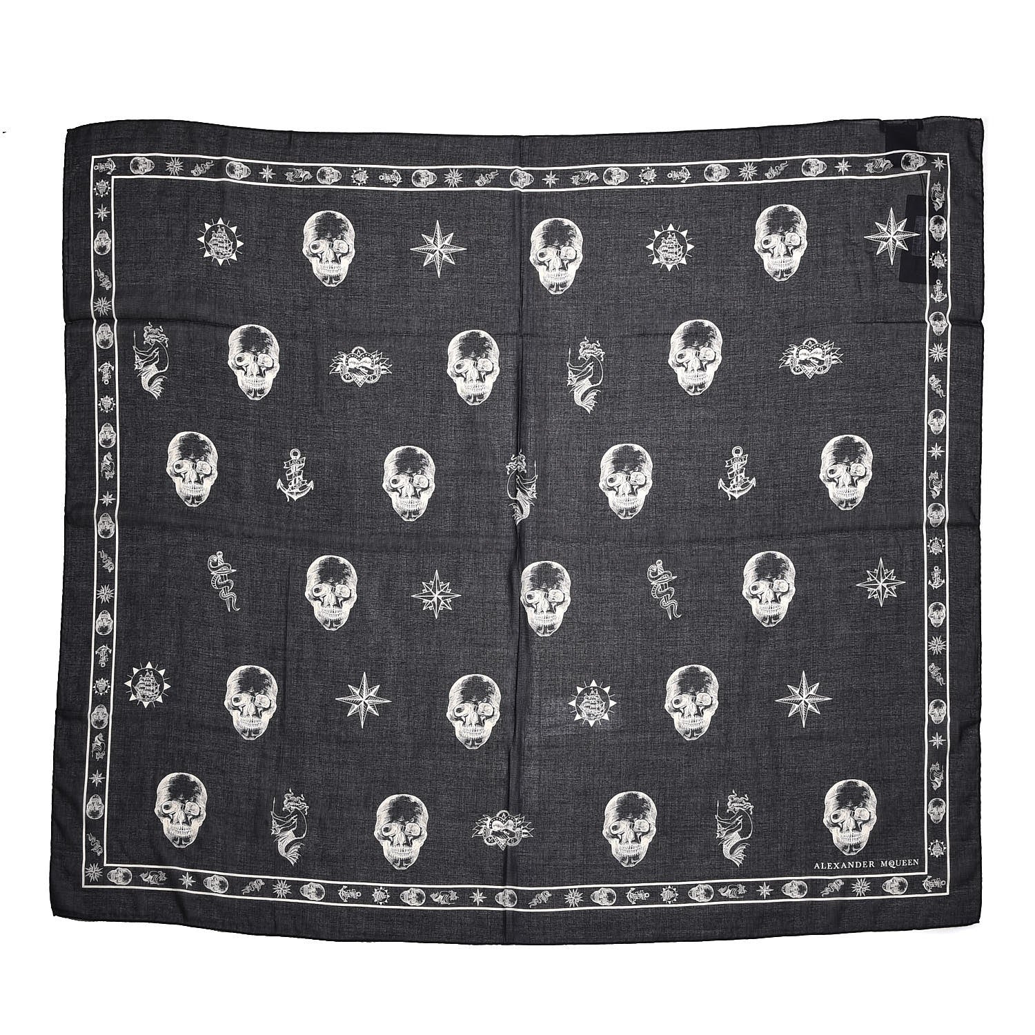 Alexander McQueen Silk Chiffon Skull Tattoo Scarf Black Ivory 3 of 8