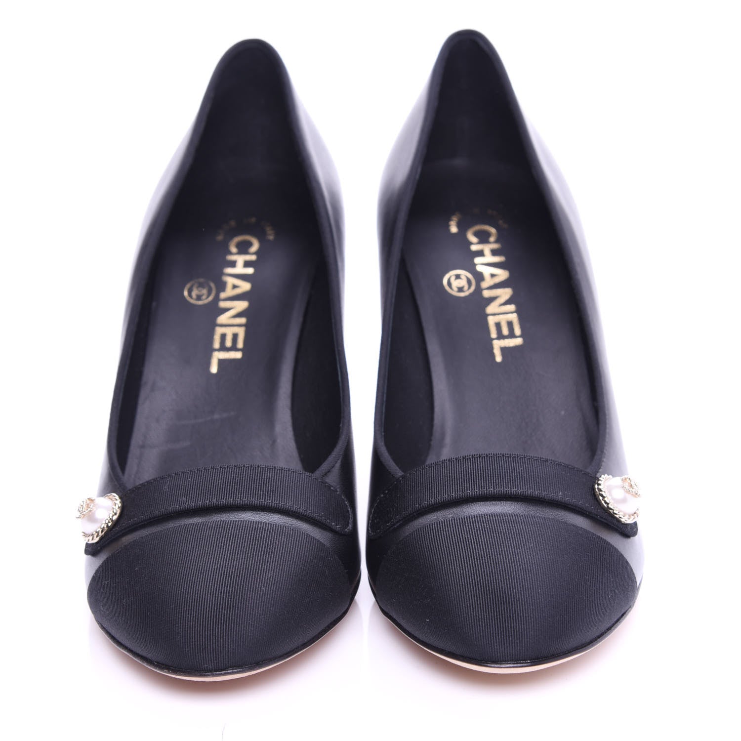 Chanel Lambskin Grosgrain Cap Toe Pearl Pumps 37 Black 5 of 11