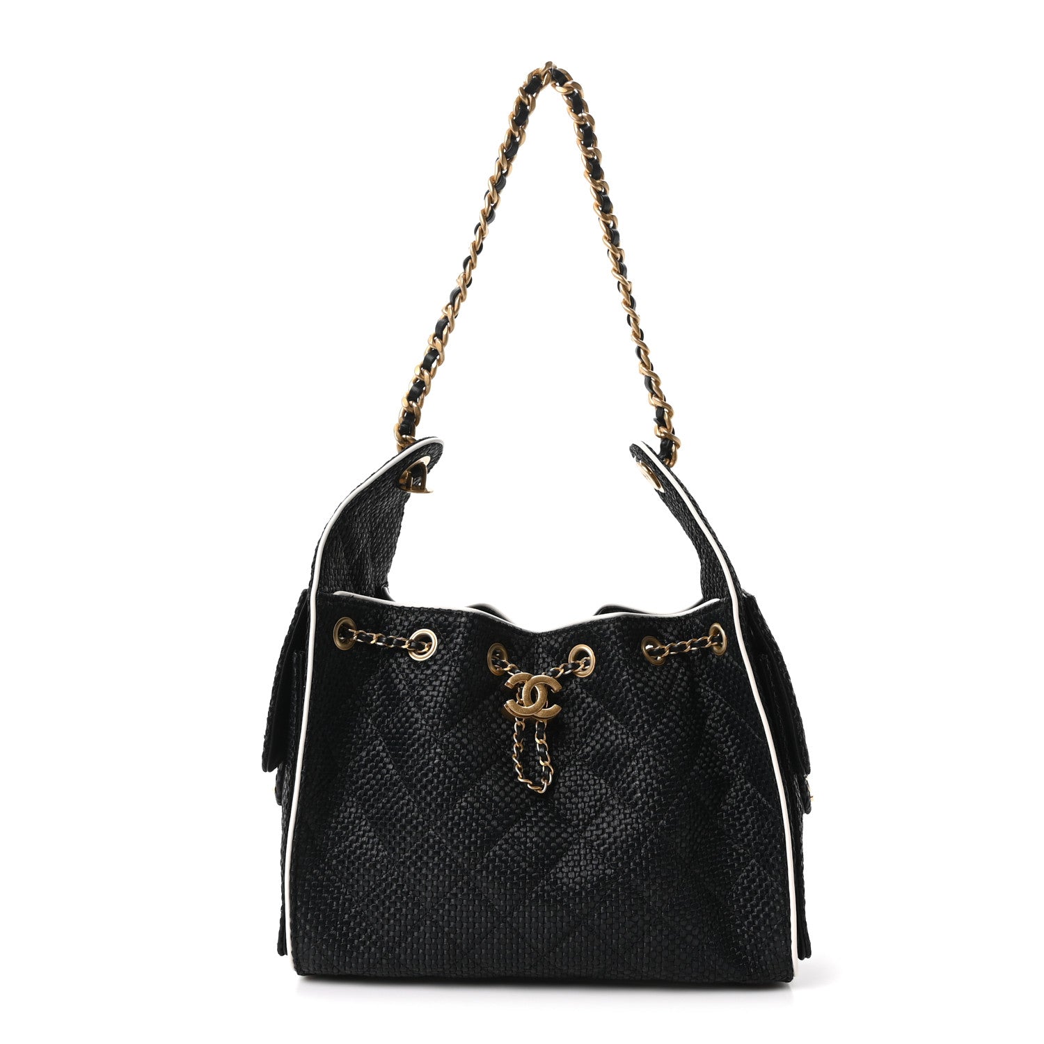 Chanel Braided Raffia Calfskin Quilted Small Chanel 25 Handbag Black White 1 of 11