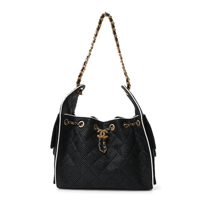 Chanel Braided Raffia Calfskin Quilted Small Chanel 25 Handbag Black White 1 of 11