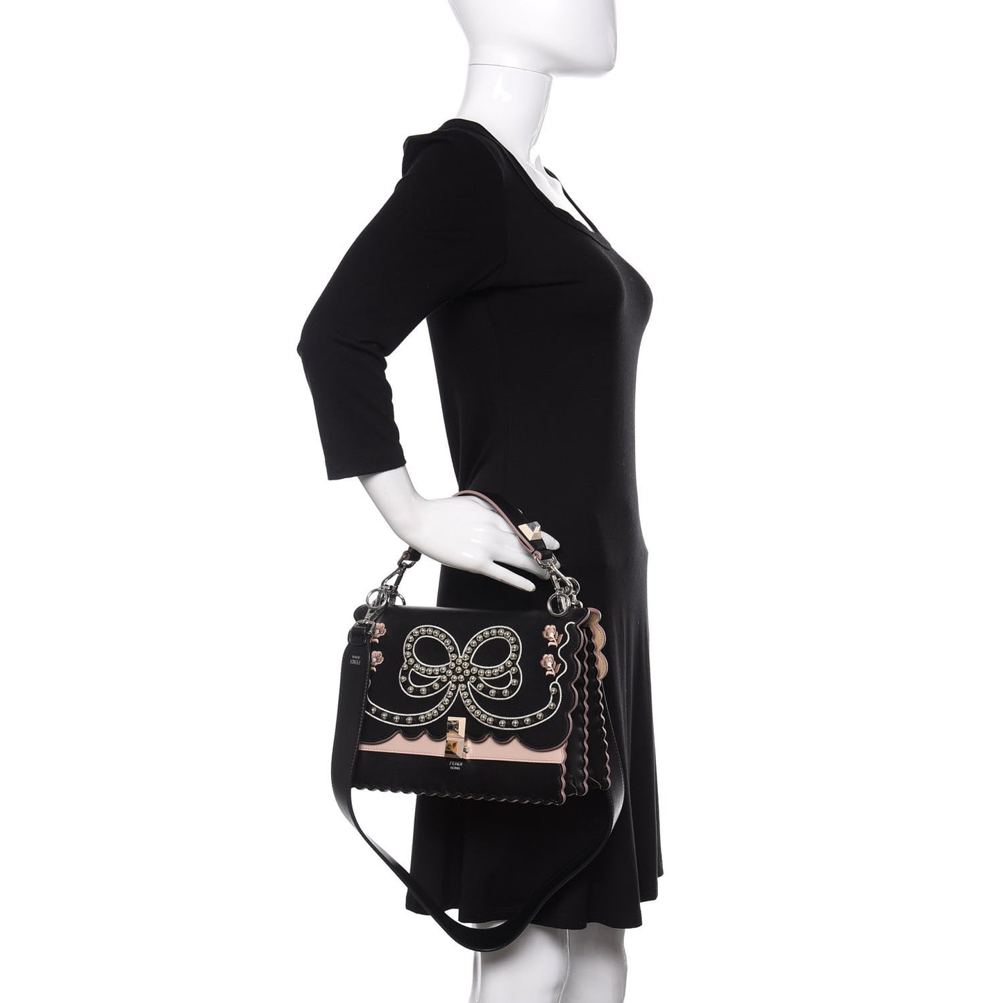 Vitello Liberty Pearl Bi-Color Flowers and Bow Scalloped Studded Kan I Shoulder Bag Black Soap