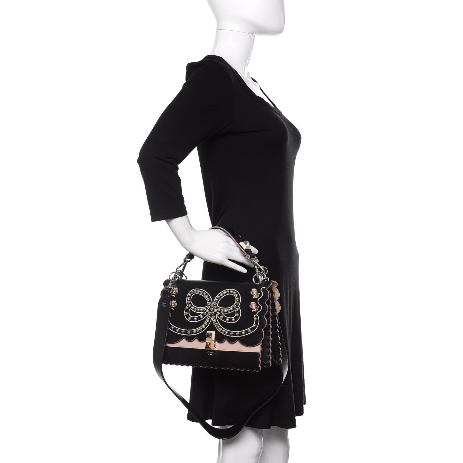 Fendi Vitello Liberty Pearl Bi-Color Flowers and Bow Scalloped Studded Kan I Shoulder Bag Black Soap 3 of 12