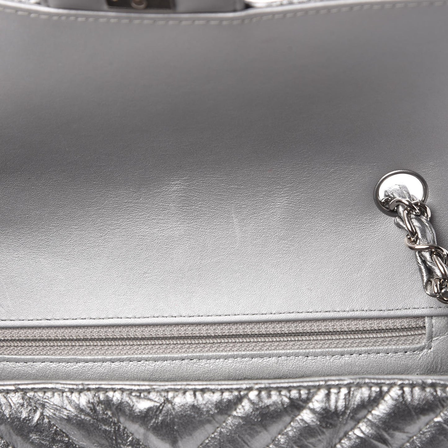 Patent Metallic Crumpled Calfskin Chevron Quilted Mini Rectangular Flap Silver