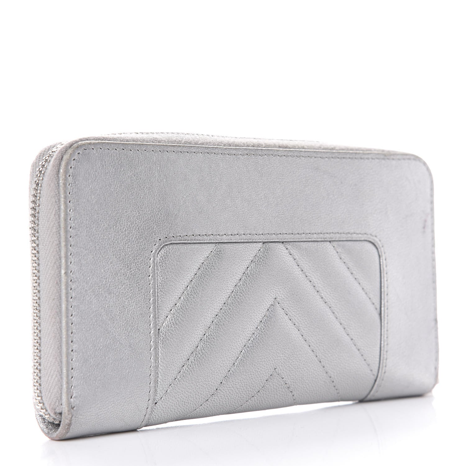 Chanel Metallic Sheepskin Chevron Quilted Medium Mademoiselle Vintage Zip Around Wallet Silver 3 of 14