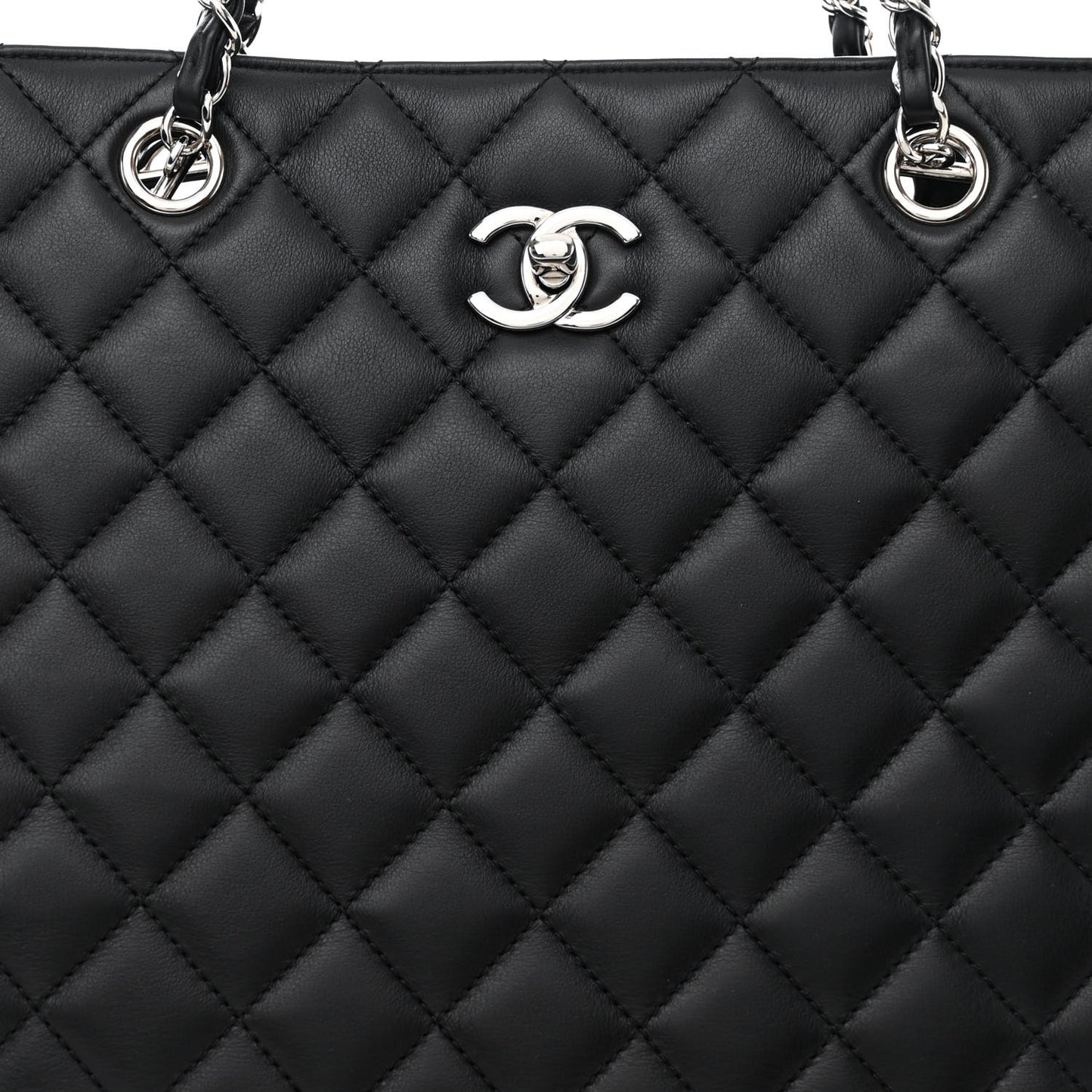 Calfskin Quilted Large Turn Lock Shopping Tote Black