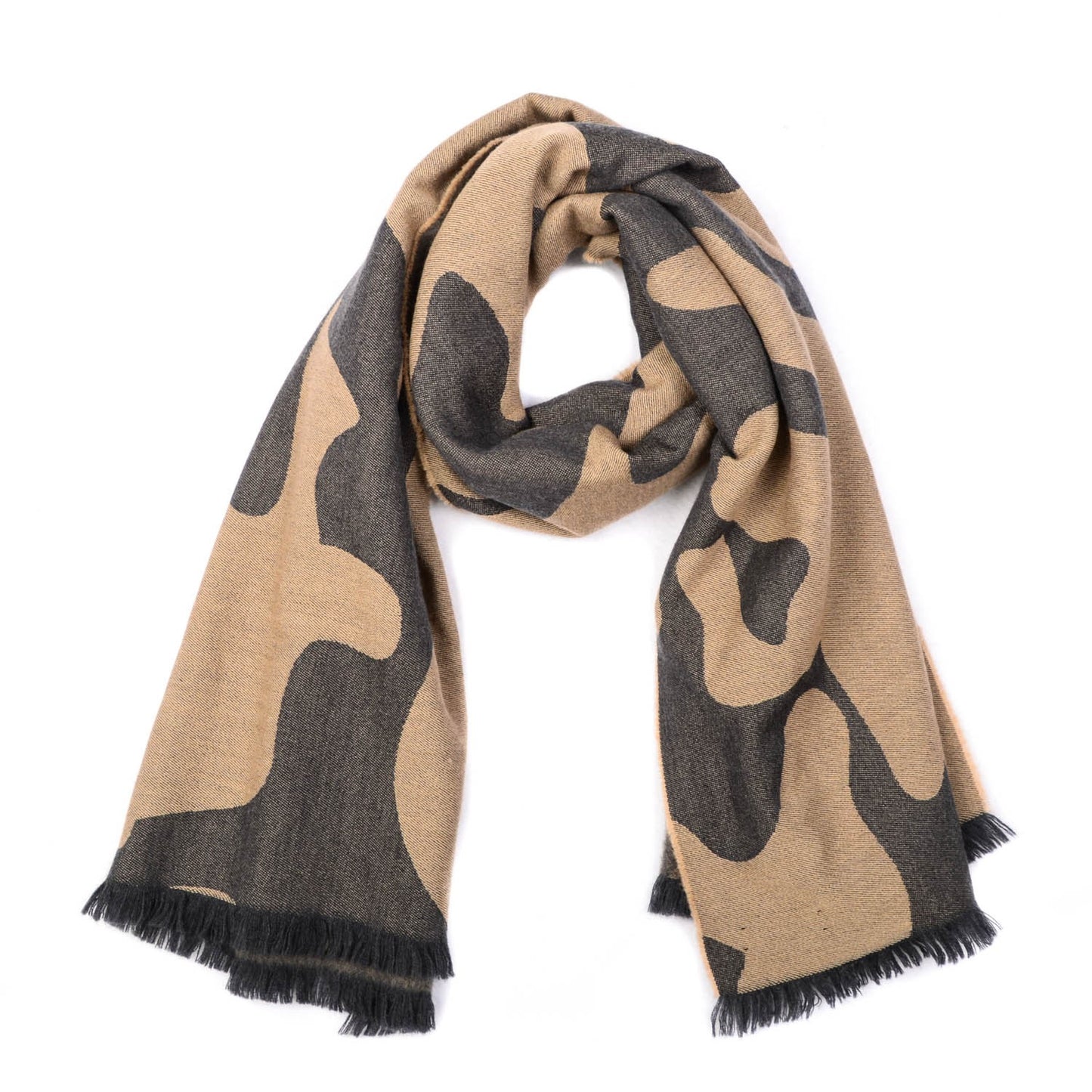Cashmere Camoflauge Fringe Scarf Camel