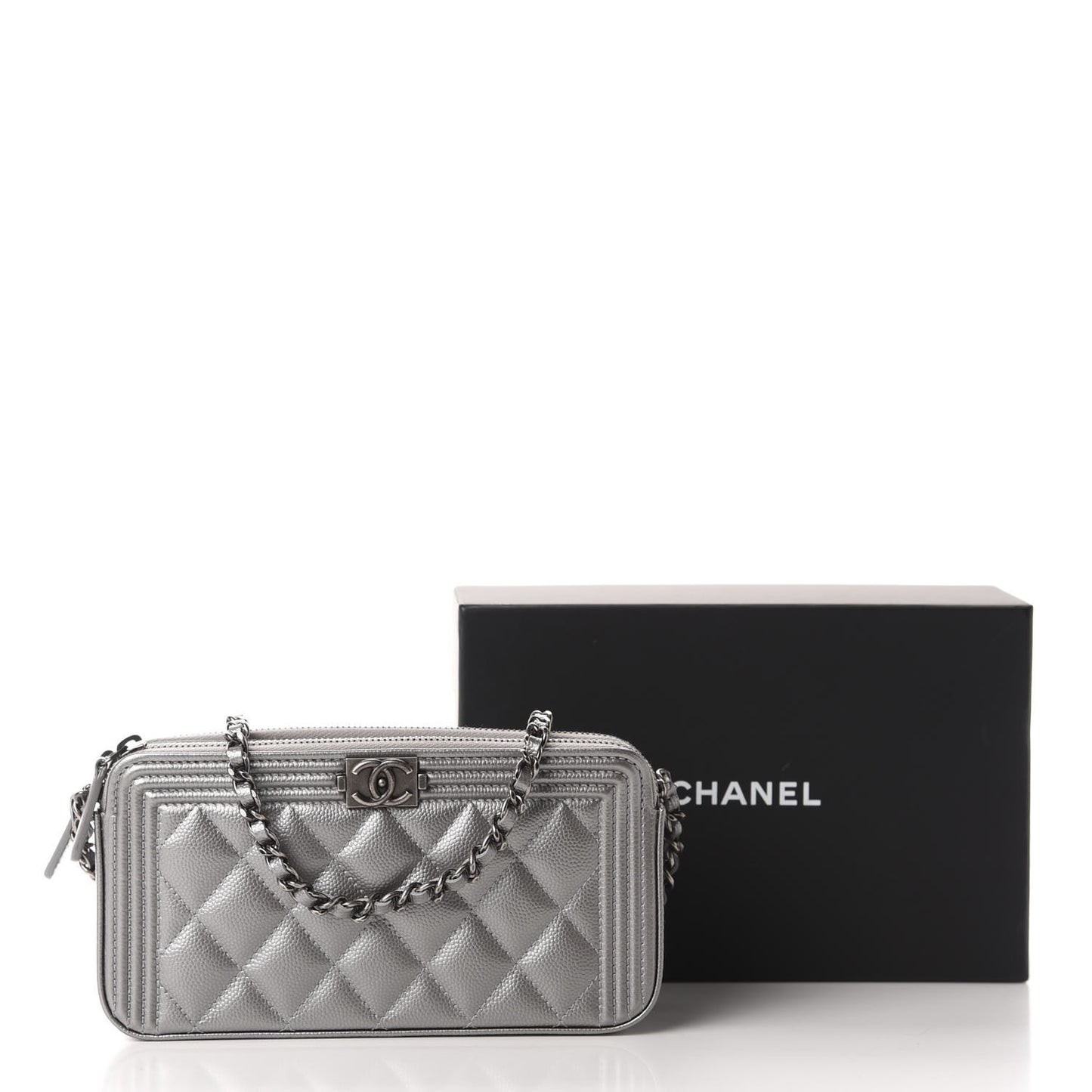 Metallic Caviar Quilted Small Boy Clutch With Chain Silver