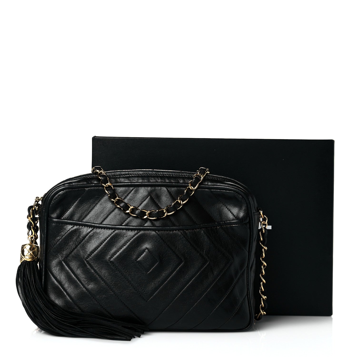Chanel Lambskin Chevron Quilted Tassel Camera Case Black 14 of 14