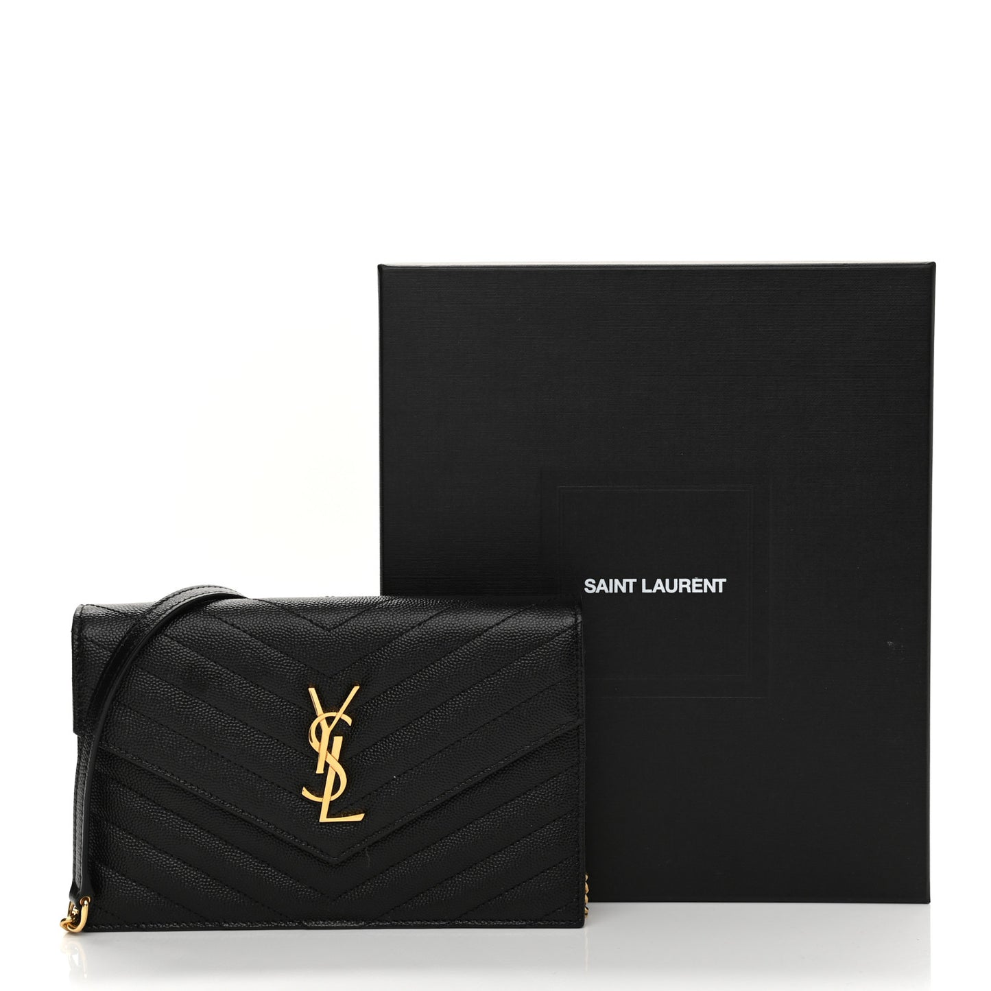 Grain De Poudre Matelasse Chevron Monogram Envelope Chain Wallet Black