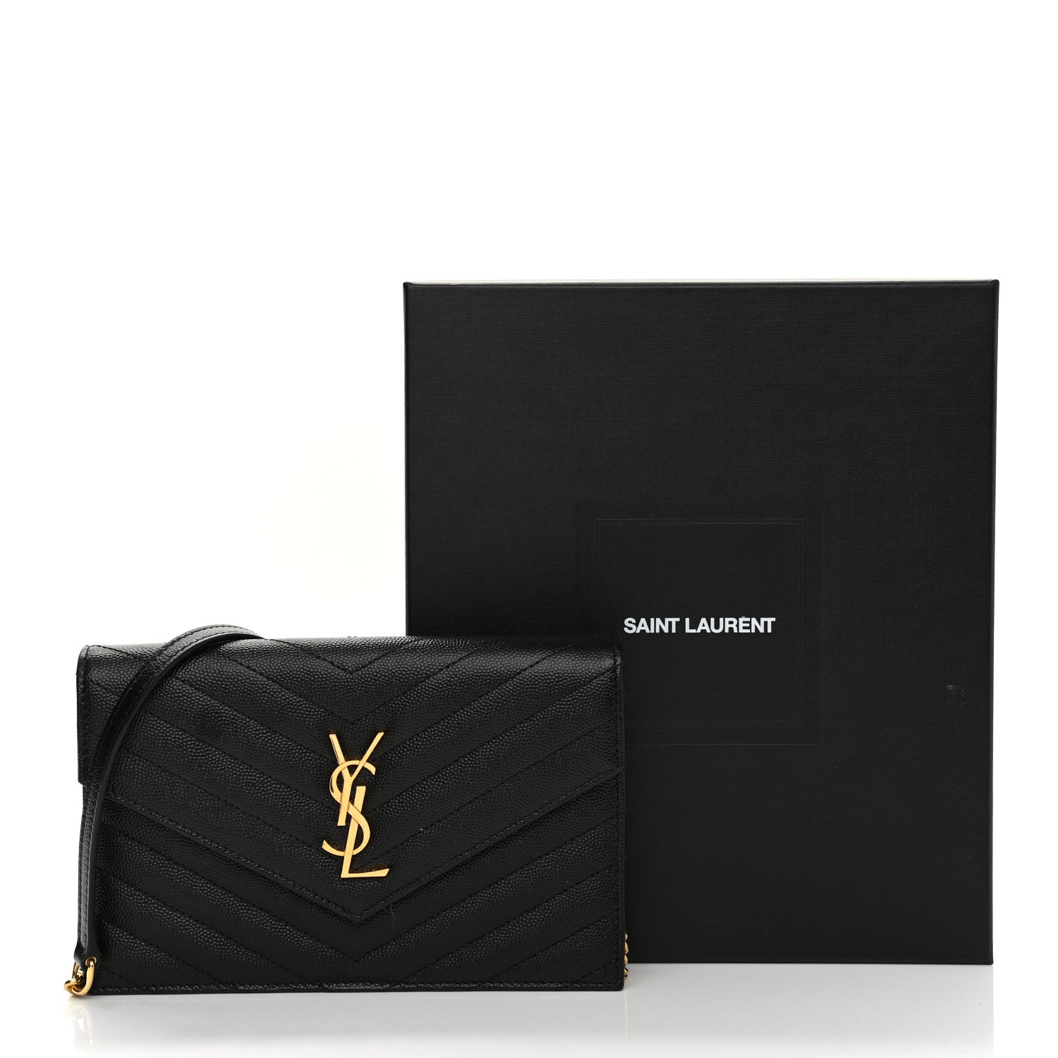 Saint Laurent Grain De Poudre Matelasse Chevron Monogram Envelope Chain Wallet Black 7 of 7