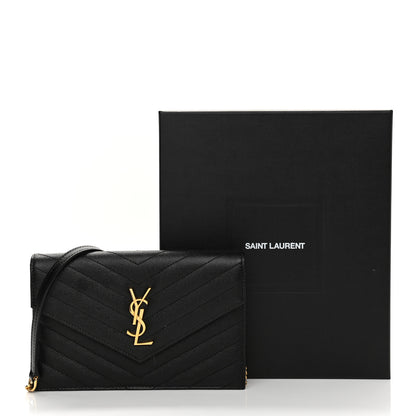Saint Laurent Grain De Poudre Matelasse Chevron Monogram Envelope Chain Wallet Black 7 of 7