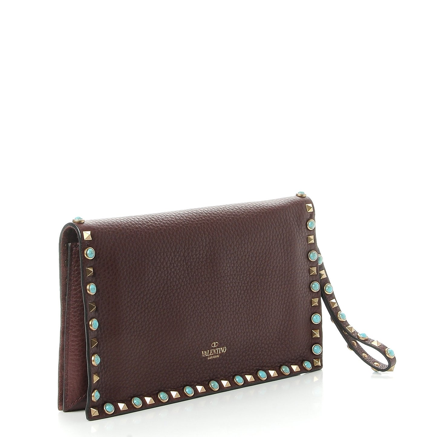 Pebbled Calfskin Rockstud Rolling Wristlet Clutch Rubin