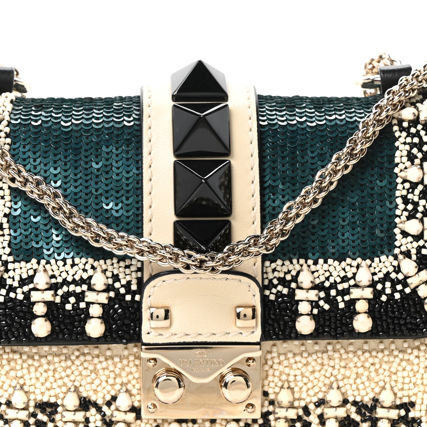 Vitello Beaded Mini Glam Lock Rockstud Flap Black Ivory Green