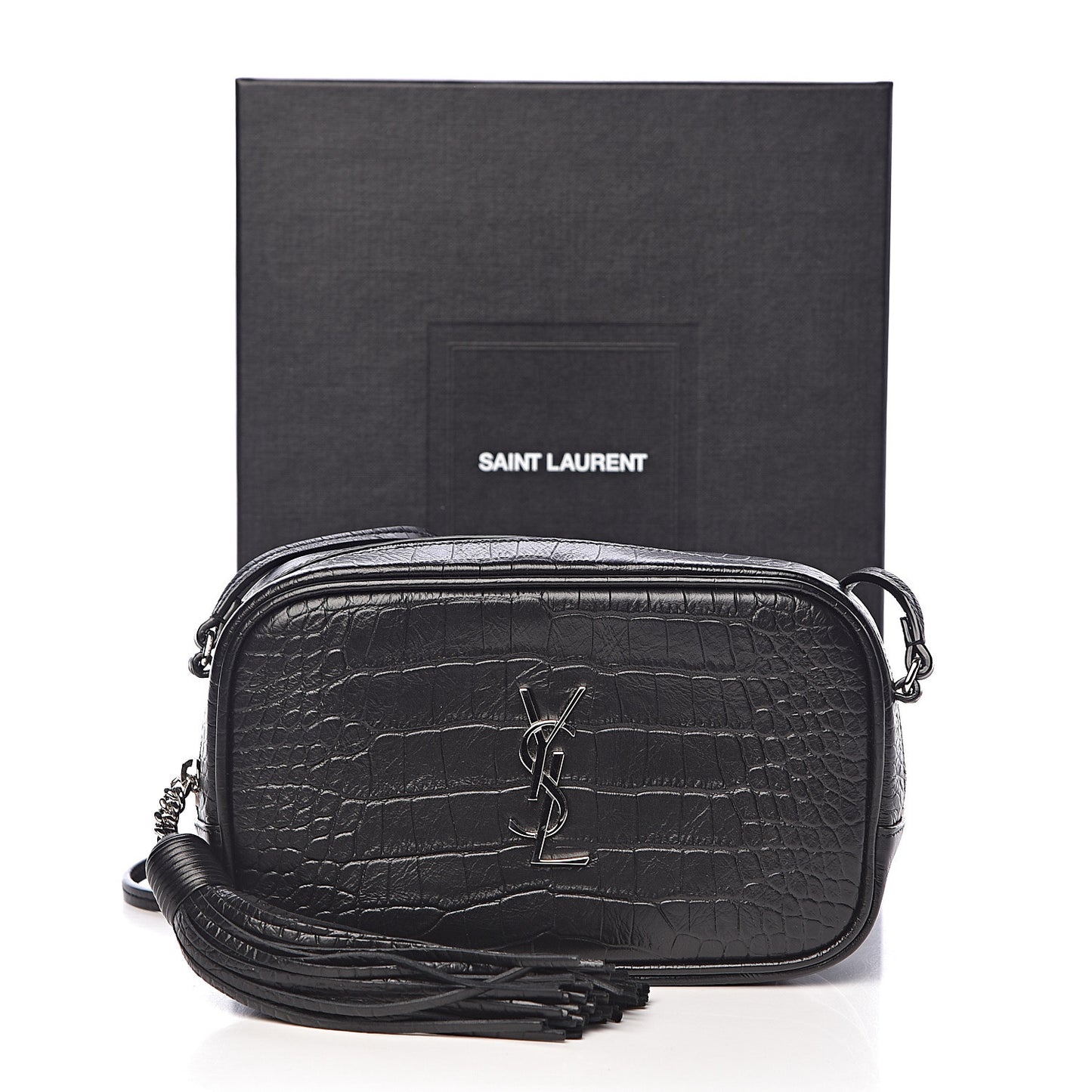 Calfskin Crocodile Embossed Mini Lou Camera Bag Black