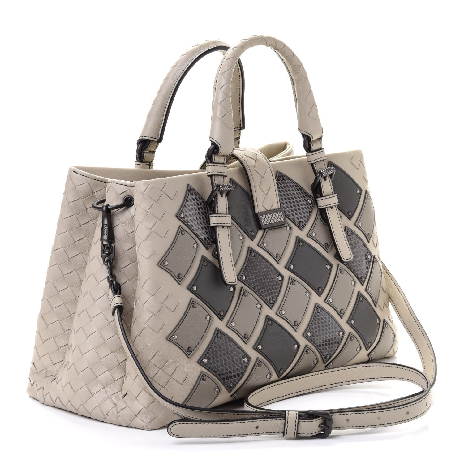 Bottega Veneta Light Calf Snakeskin Intrecciato Patchwork Small Roma Cream 3 of 11