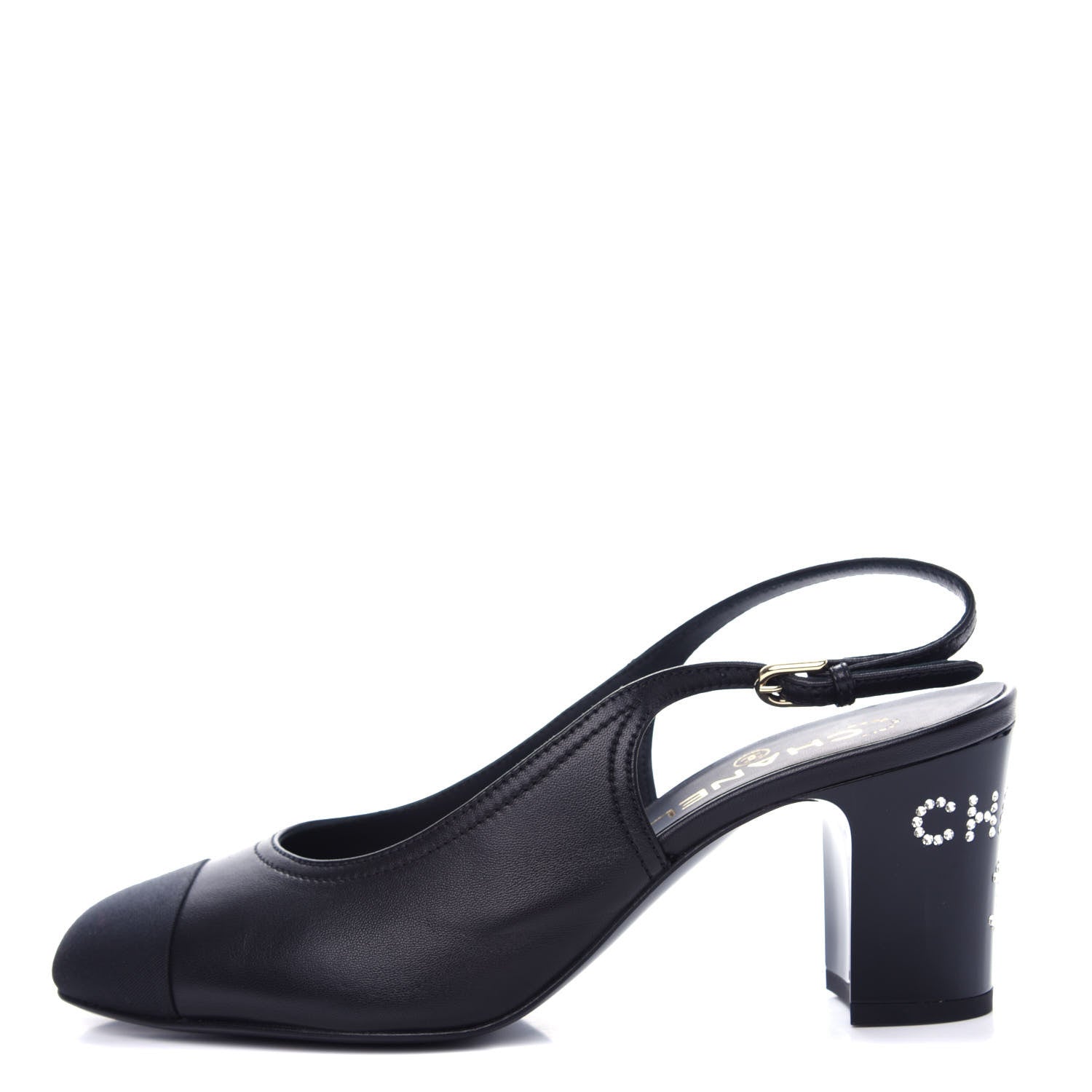 product image of CHANEL Lambskin Grosgrain Crystal Cap Toe Logo Slingback Pumps 38.5 Black FASHIONPHILE
