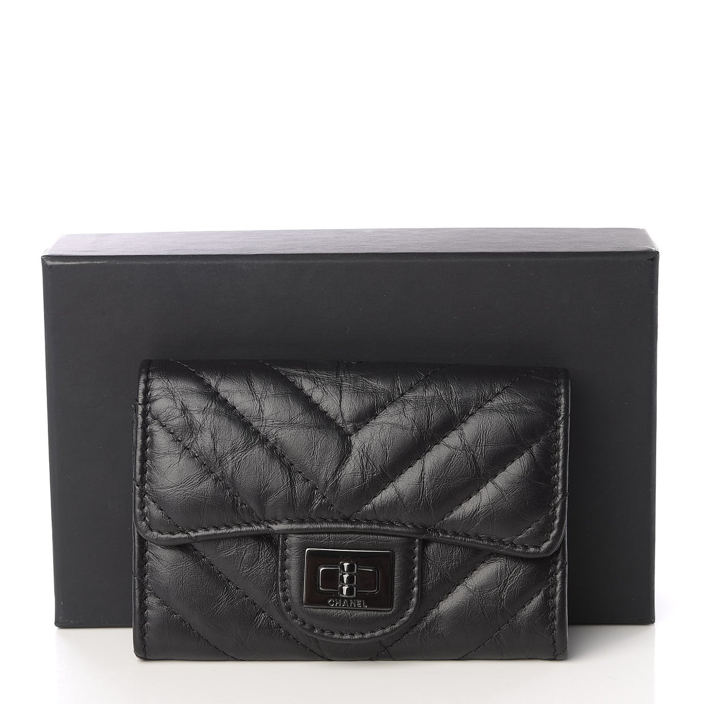 Aged Calfskin Chevron Quilted Reissue Card Holder Wallet So Black