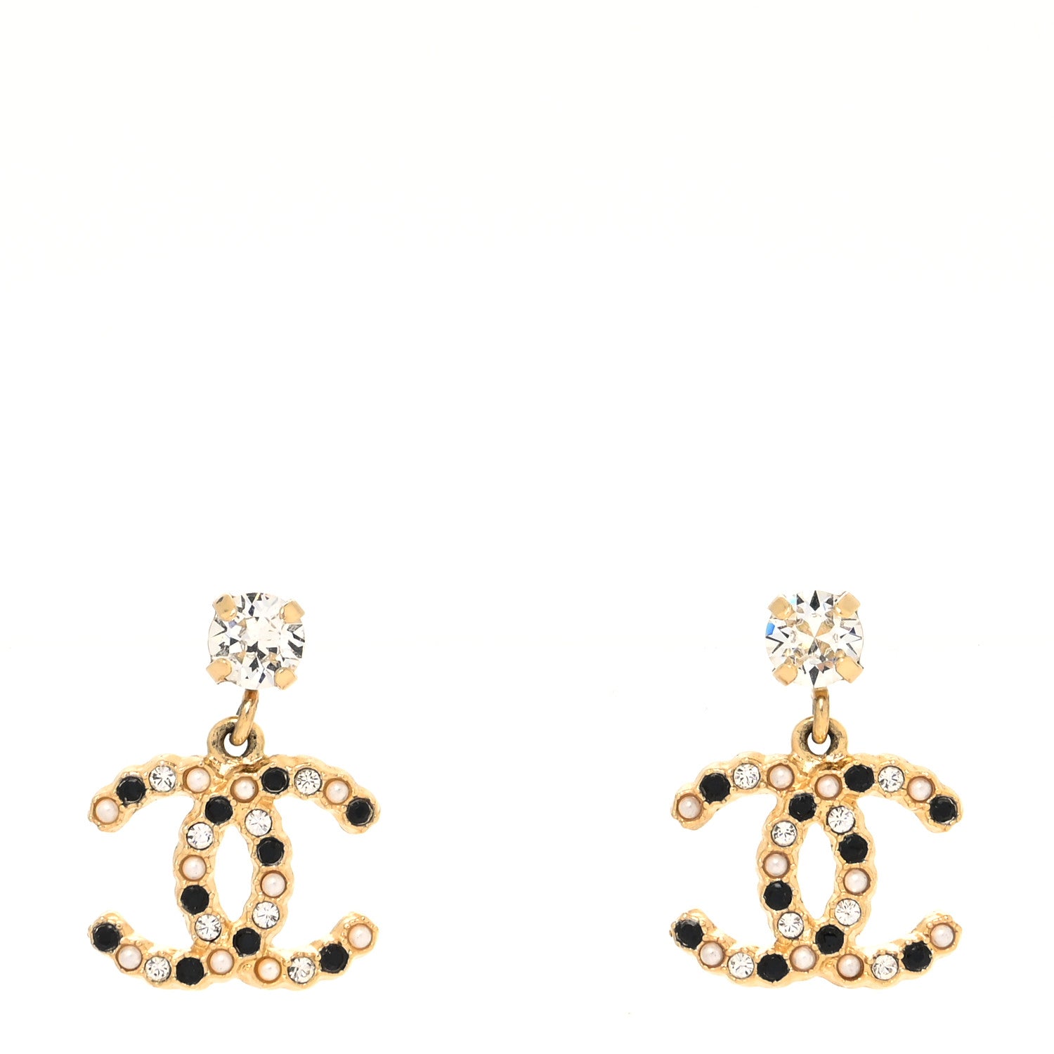 Chanel Resin Crystal Pearl CC Drop Earrings Gold Black 1 of 4