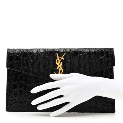 Saint Laurent Calfskin Crocodile Embossed Uptown Monogram Clutch Black 2 of 7