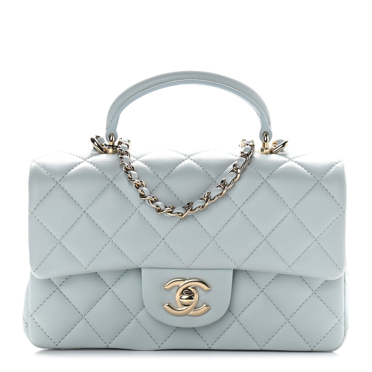Lambskin Quilted Mini Top Handle Rectangular Flap Light Blue