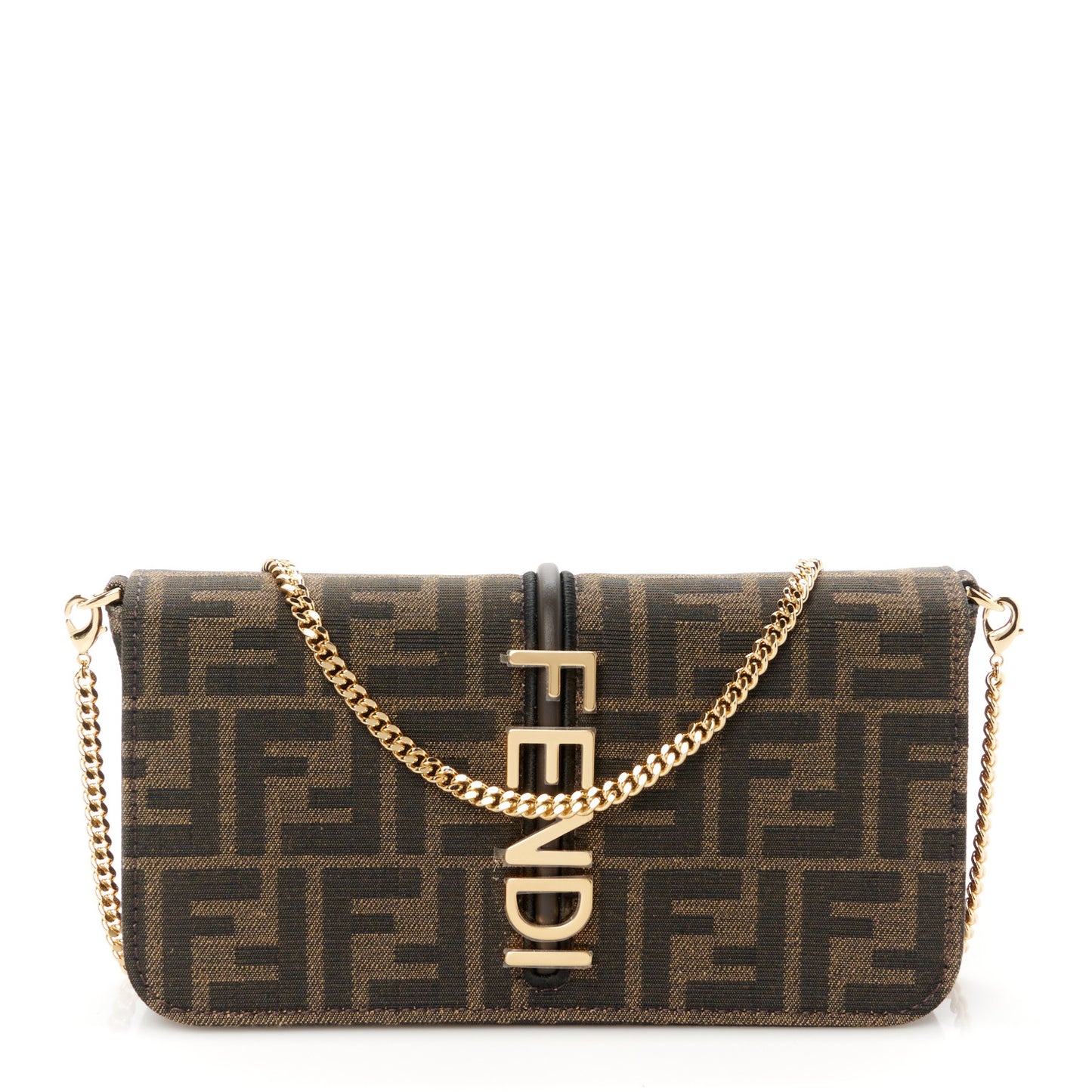 Fabric Jacquard Vitello Grace FF 1974 Fendigraphy Wallet On Chain Tobacco Moro Ebano