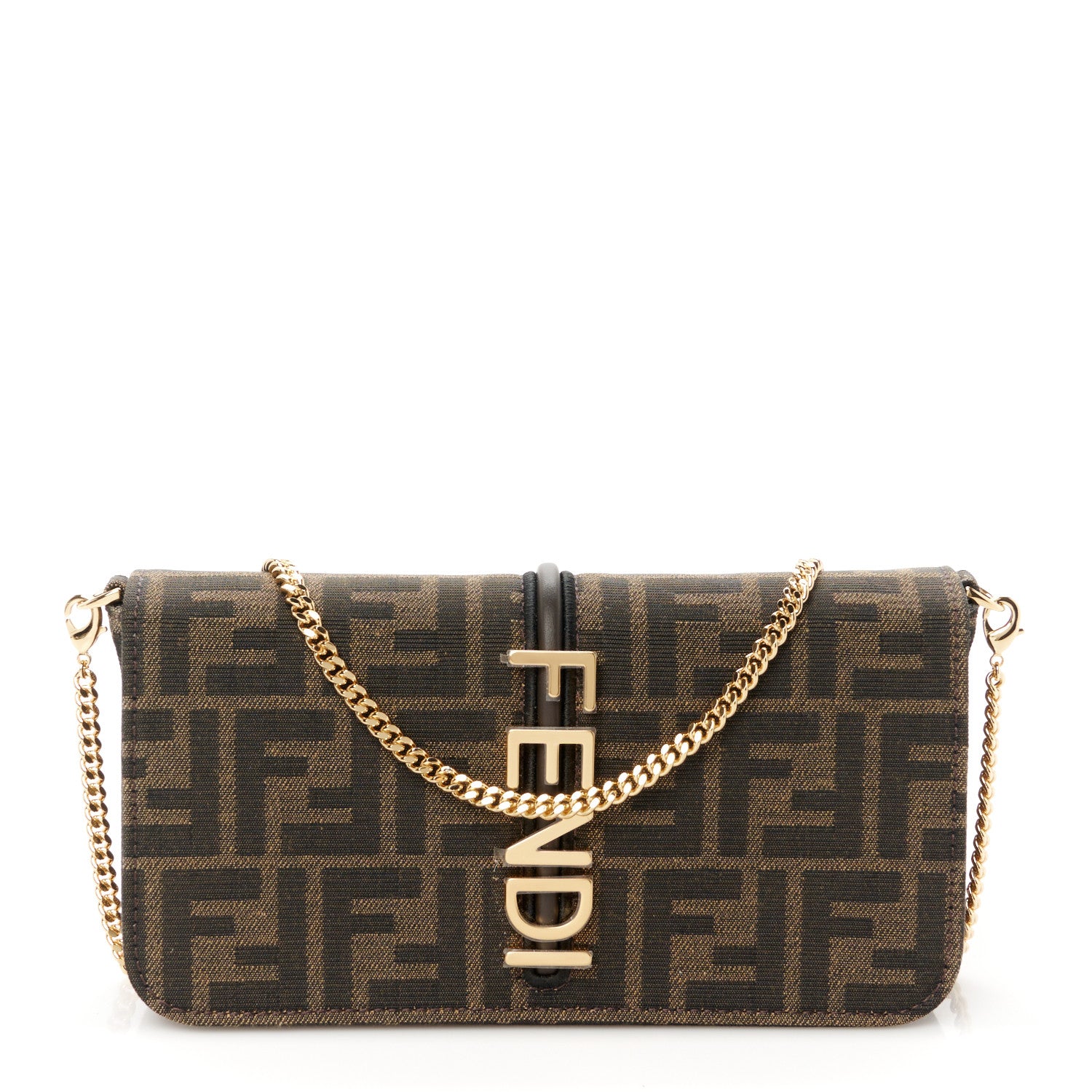 Fendi Fabric Jacquard Vitello Grace FF 1974 Fendigraphy Wallet On Chain Tobacco Moro Ebano 1 of 15