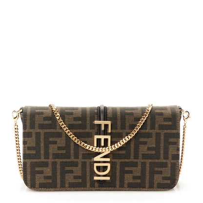 Fendi Fabric Jacquard Vitello Grace FF 1974 Fendigraphy Wallet On Chain Tobacco Moro Ebano 1 of 15