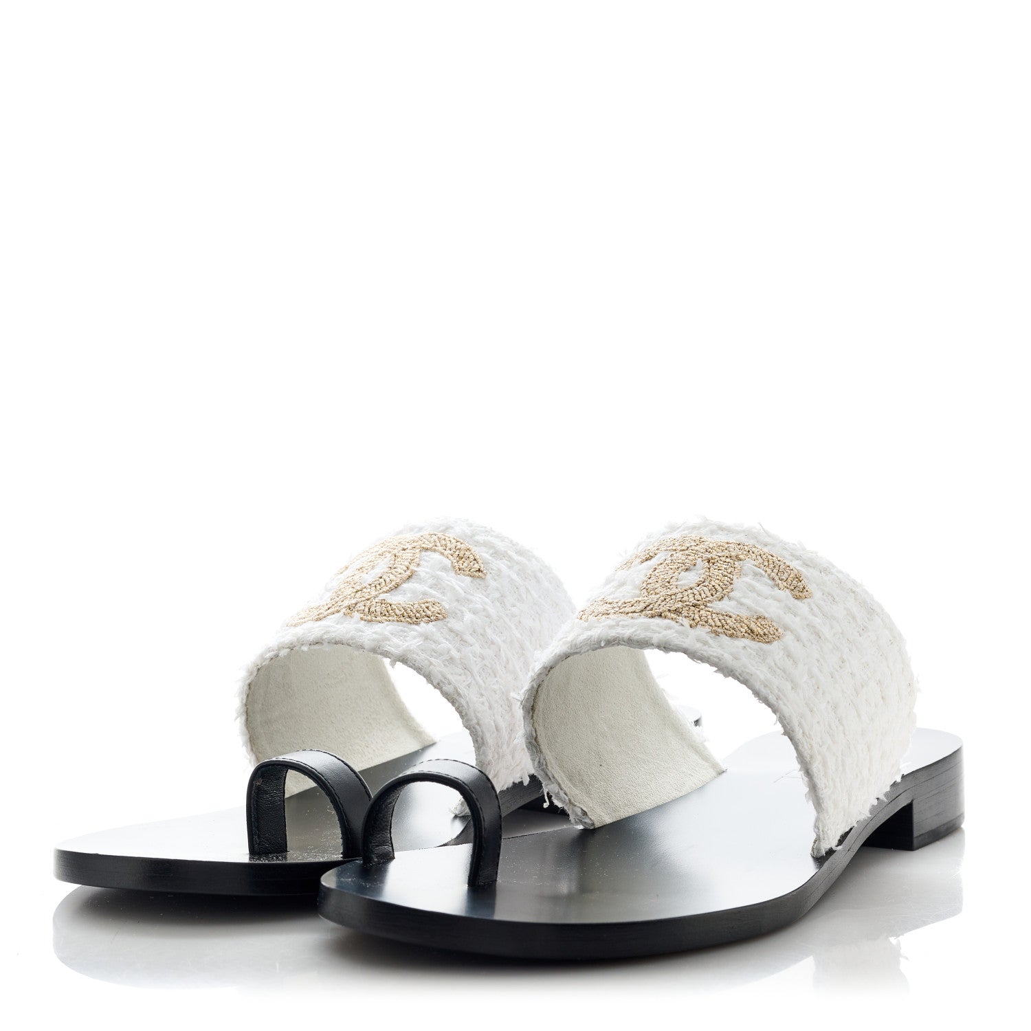 Chanel Cotton Tweed Fabric Lambskin CC Thong Sandal 41 White Gold Black 3 of 10