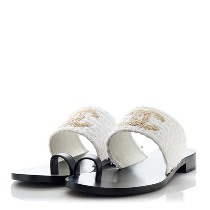 Chanel Cotton Tweed Fabric Lambskin CC Thong Sandal 41 White Gold Black 3 of 10