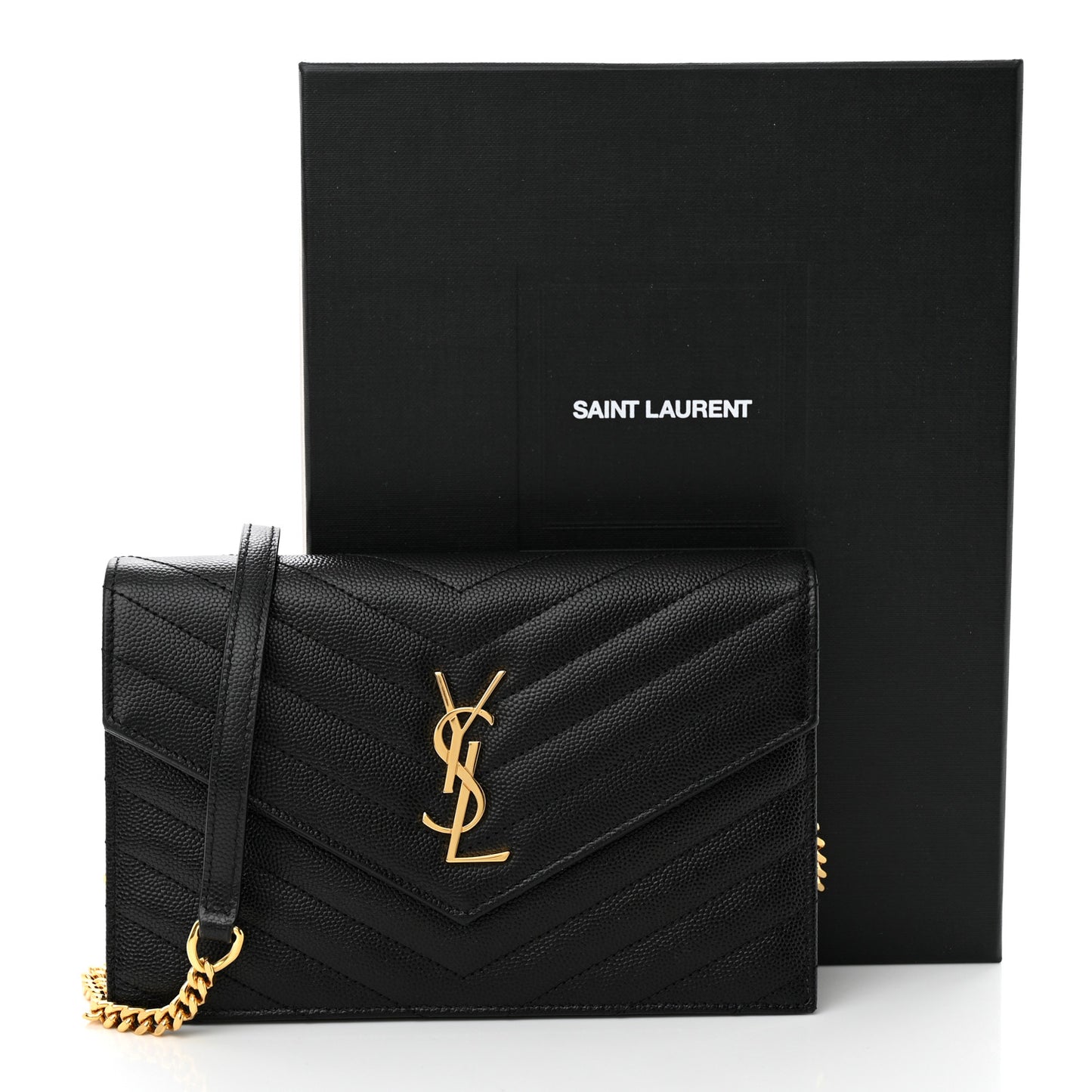Grain De Poudre Matelasse Chevron Monogram Envelope Chain Wallet Black