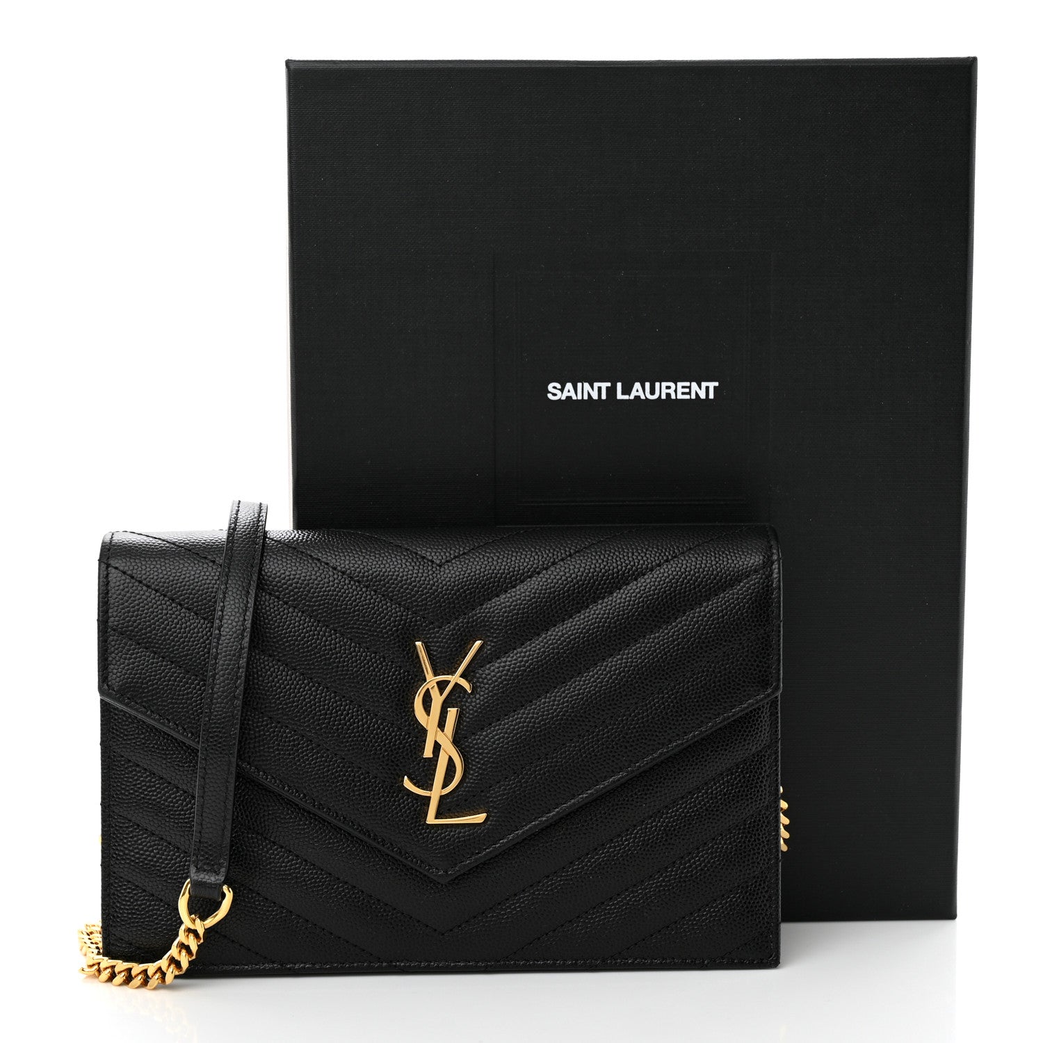 Saint Laurent Grain De Poudre Matelasse Chevron Monogram Envelope Chain Wallet Black 11 of 11