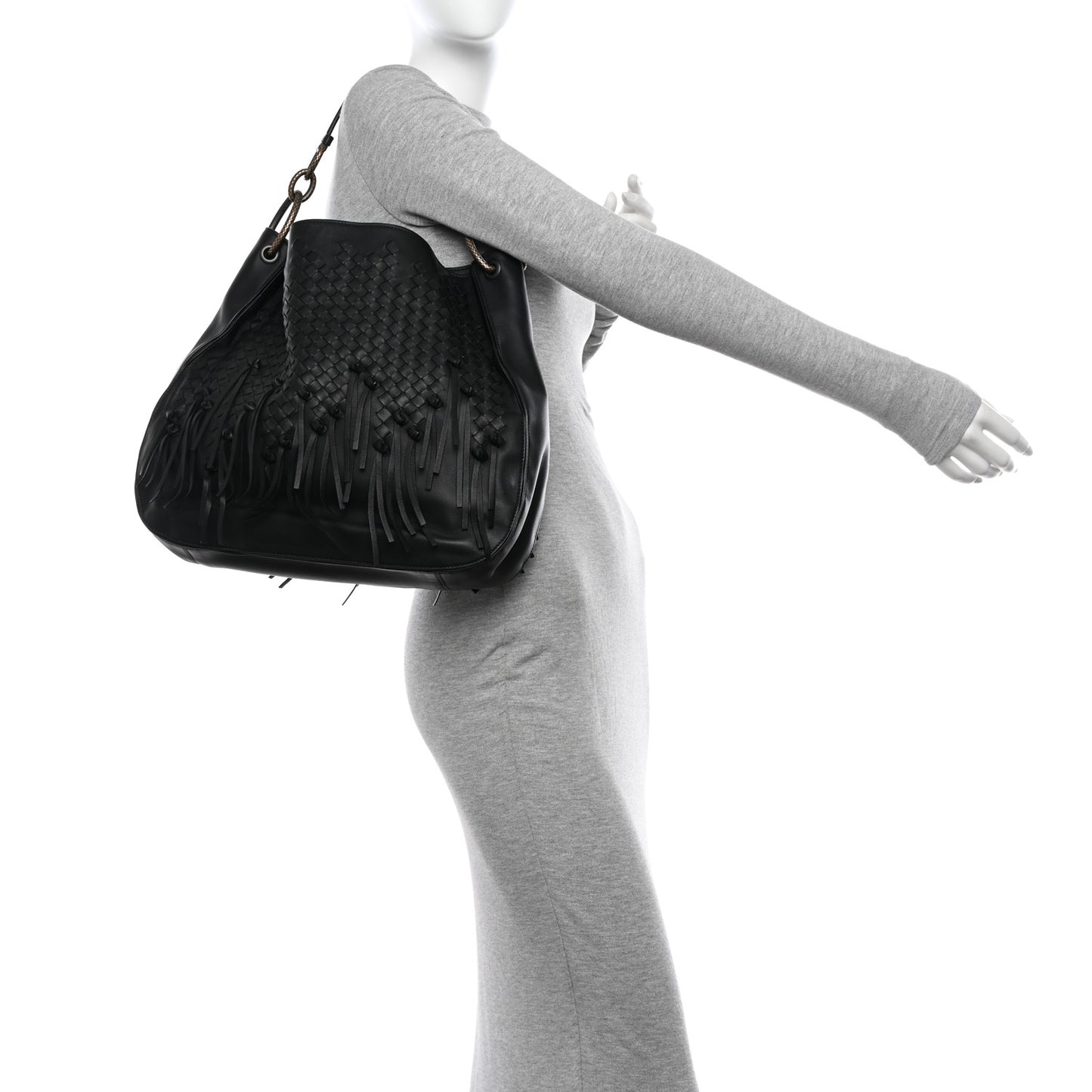 Nappa Intrecciato Fringe Brio Loop Hobo Black