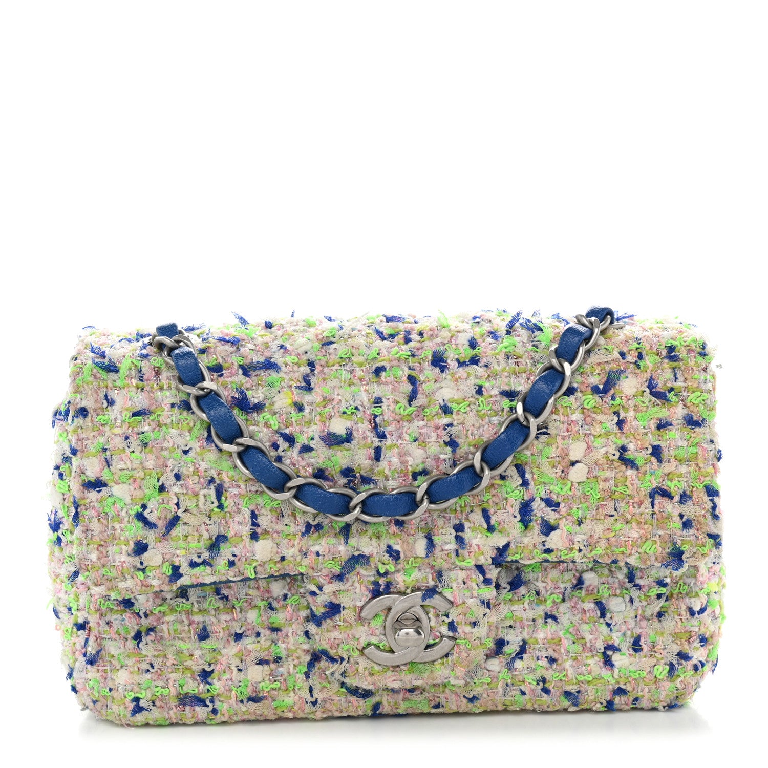 Chanel Tweed Quilted Mini Rectangular Flap Blue White Green 1 of 10