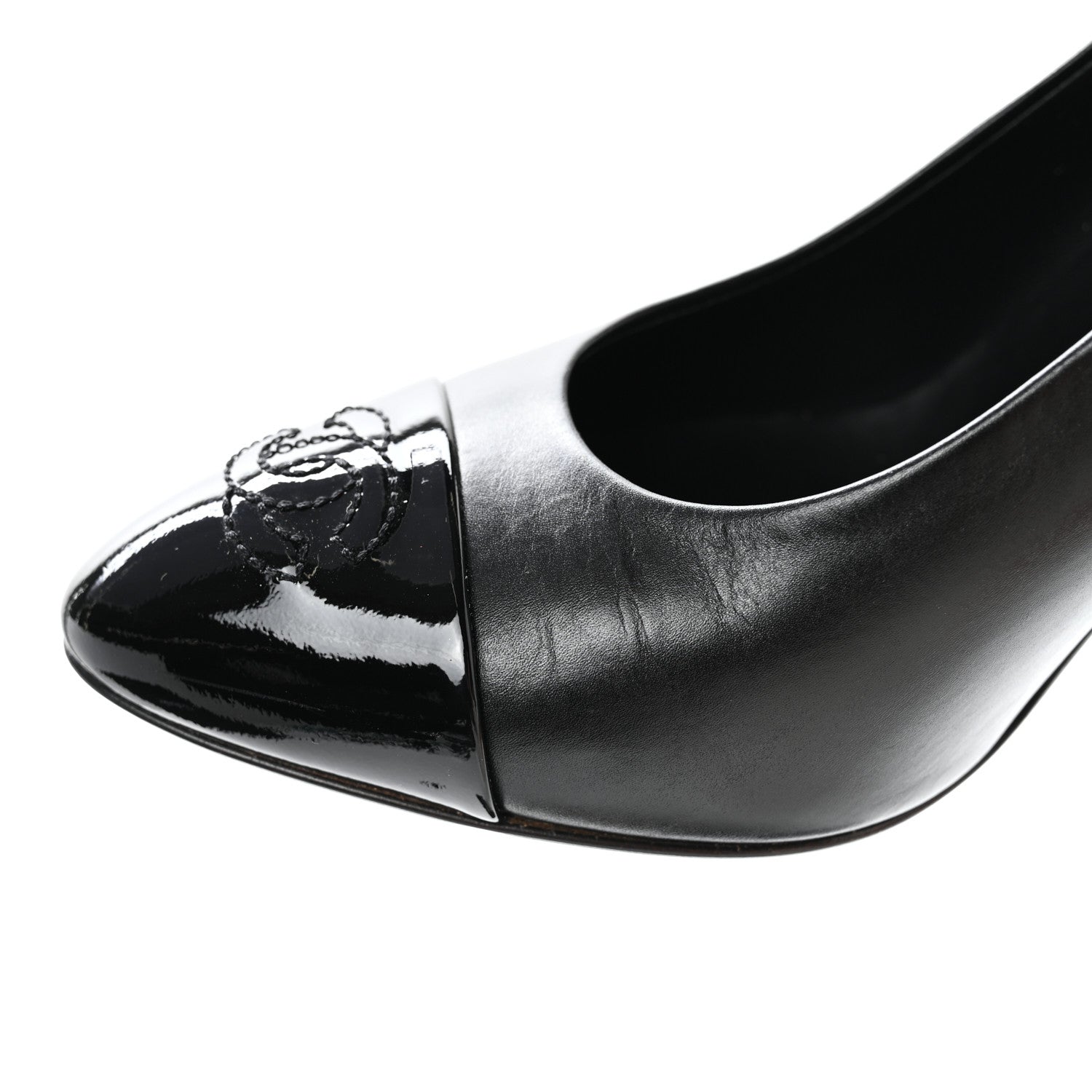 Chanel Lambskin Patent Metal Cap Toe CC Pumps 37.5 Black Gold 9 of 11